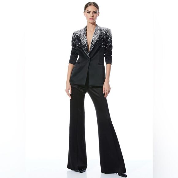 ALICE + OLIVIA Ivan Crystal Pearl Embellished Satin Blazer Black - Picture 3 of 10